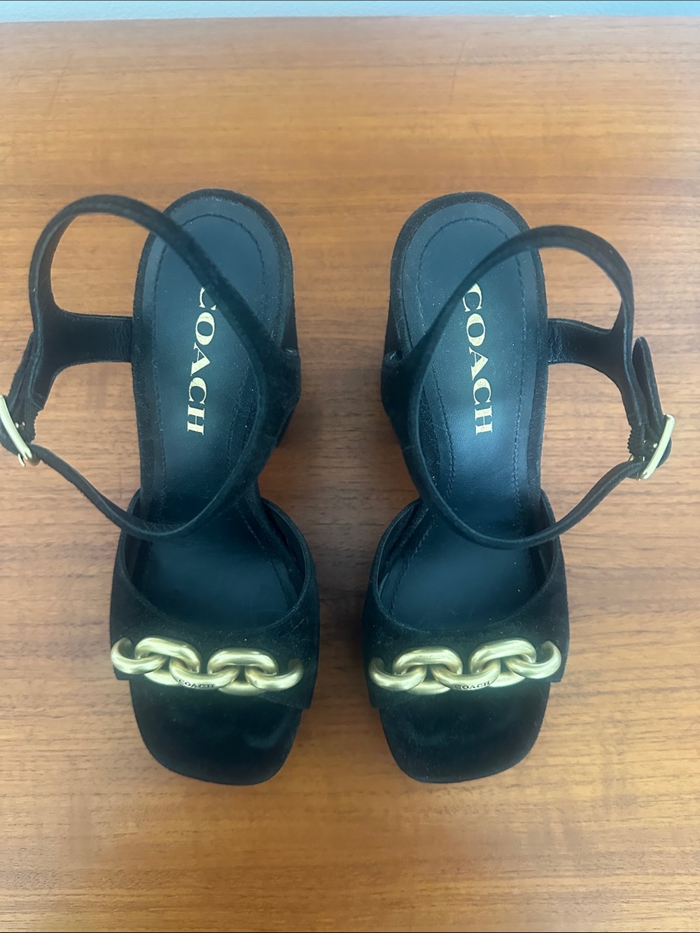 Coach Black Suede Slingback Heels with Gold Chain Trim